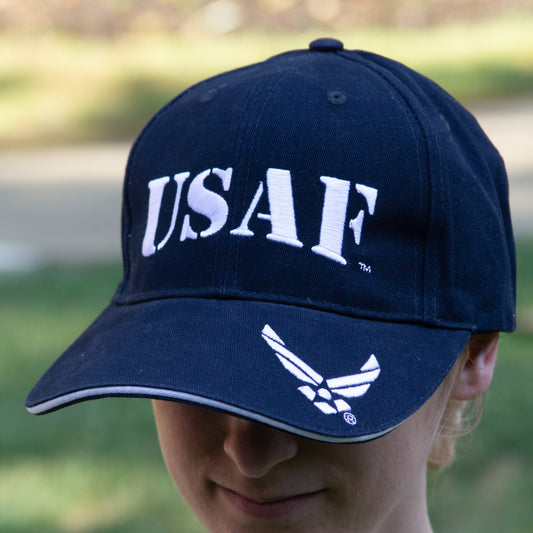 USAF embroidered baseball cap with Air Force wings on the brim