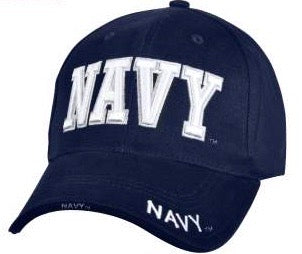 Navy hat 3-D - navy color with white raised NAVY letters on the front and embroidered NAVY letters on the side of the brim